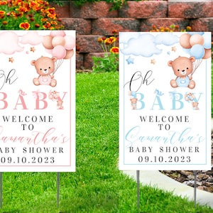 Baby Shower Yard Sign - Oh baby with Bear, Balloons theme comes with H-Stake 24x18, printed on coroplast, Personalized, Pink or Blue