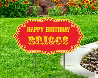 Circus Shape Happy Birthday Yard Sign - Red & Yellow   comes with H-Stake  24x18, printed on coroplast, Personalize