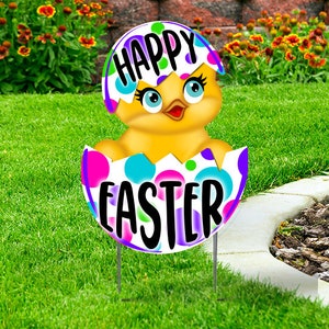 Easter Yard Sign, Chick breaking out of colorful Egg, Cut-out Coroplast with Stake  24x18