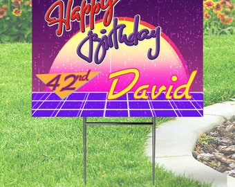 Retro 80's Happy Birthday Yard Sign   comes with H-Stake  24x18, printed on coroplast, Personalize, Purple, Neon look