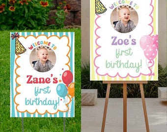 Welcome to Birthday Party  24x18 or 24x32 for an easel, printed on coroplast, Personalize with picture,  Boy & Girl