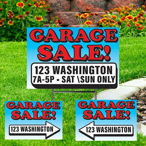 Garage Sale Signs - 10 set of signs - 24x18 Yard Signs, Double-Sided, Coroplast signs on sale with Arrows.