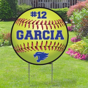 Letrero para jardín recortable de softbol de 24 x 24 con estaca en forma de H - Coroplast - Personalizar, espíritu escolar