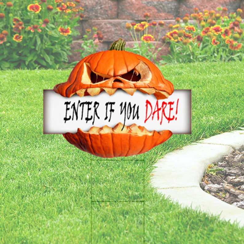 Halloween Pumpkin Cutout Yard Sign comes with H-Stake 24x18, printed on coroplast Angry Jack-o-lantern Enter if you dare image 1