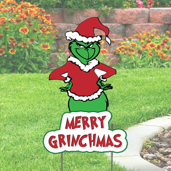 Grinch  Yard Sign Cutout with Merry Grinchmas comes with H-Stake  30x20, printed on coroplast  Christmas Yard Decorations