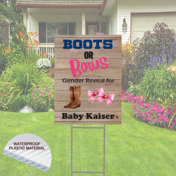 Boots or Bows Gender Reveal Yard Sign (single or double-sided)  Comes with H-Stake  24x18, printed on coroplast, Personalize