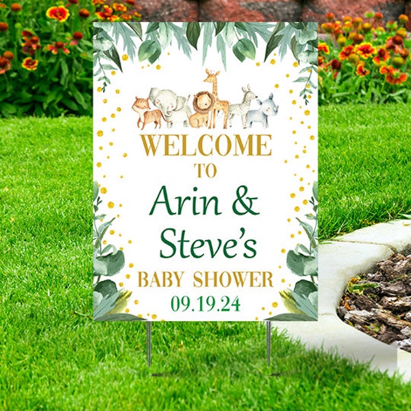 Baby Shower Yard Sign - Safari  Animal theme comes with H-Stake 24x18, printed on coroplast zoo animals with greenery, Personalized