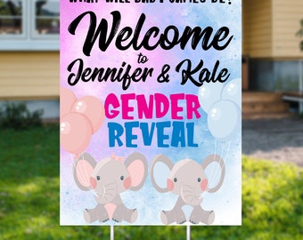 Elephant Theme Gender Reveal Yard Sign  Comes with H-Stake  24x18, printed on coroplast, Personalize, Welcome to Gender Sign RV