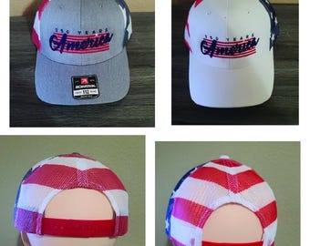 250 Years Mesh Hats with puff embroidery , USA  Mesh backside Richardson 112 and a Kati Sportcap Trucker Hats Caps