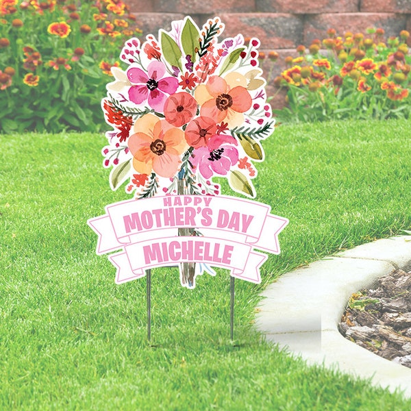 Happy Mother's Day Yard Sign Cutout - Flowers, Custom Contour Cut , 24''x18'' Coroplast Sign with Stake, personnalisé