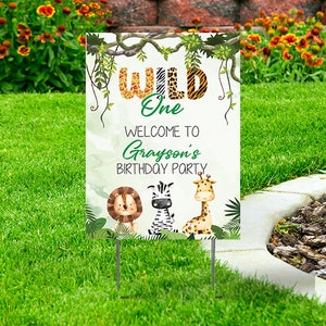 Wild One Safari Theme Welcome to Happy Birthday Party Yard Sign Comes with H-Stake 24x18, printed on coroplast,  Personalized, Lion Zebra
