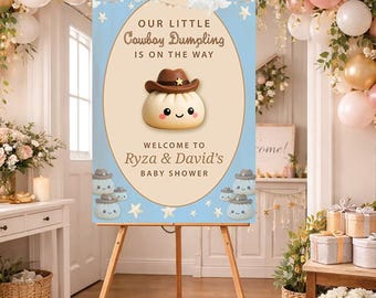 Welcome Baby Shower Little Cowboy Dumpling 24x36 Coroplast Sign for easel Blue or Off White