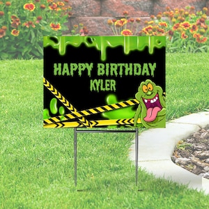 Slime Happy Birthday Yard Sign  comes with H-Stake  24x18,   coroplast. Personalize,  Slimed, Ghost,  Halloween, Green Goo