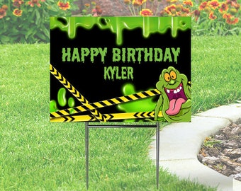 Slime Happy Birthday Yard Sign  comes with H-Stake  24x18,   coroplast. Personalize,  Slimed, Ghost,  Halloween, Green Goo
