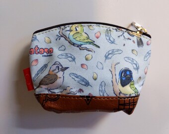 Birds Cute Coin Purse- Day. Mint time. Watercolored style. Double pocket with zipper. Bottom with serigraphy | brown zipper