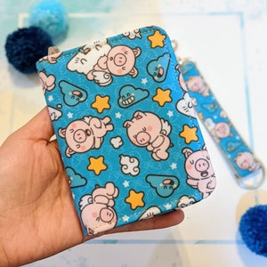 Pig blue Medium Wallet with all around zipper and 10 pockets | kawaii illustration