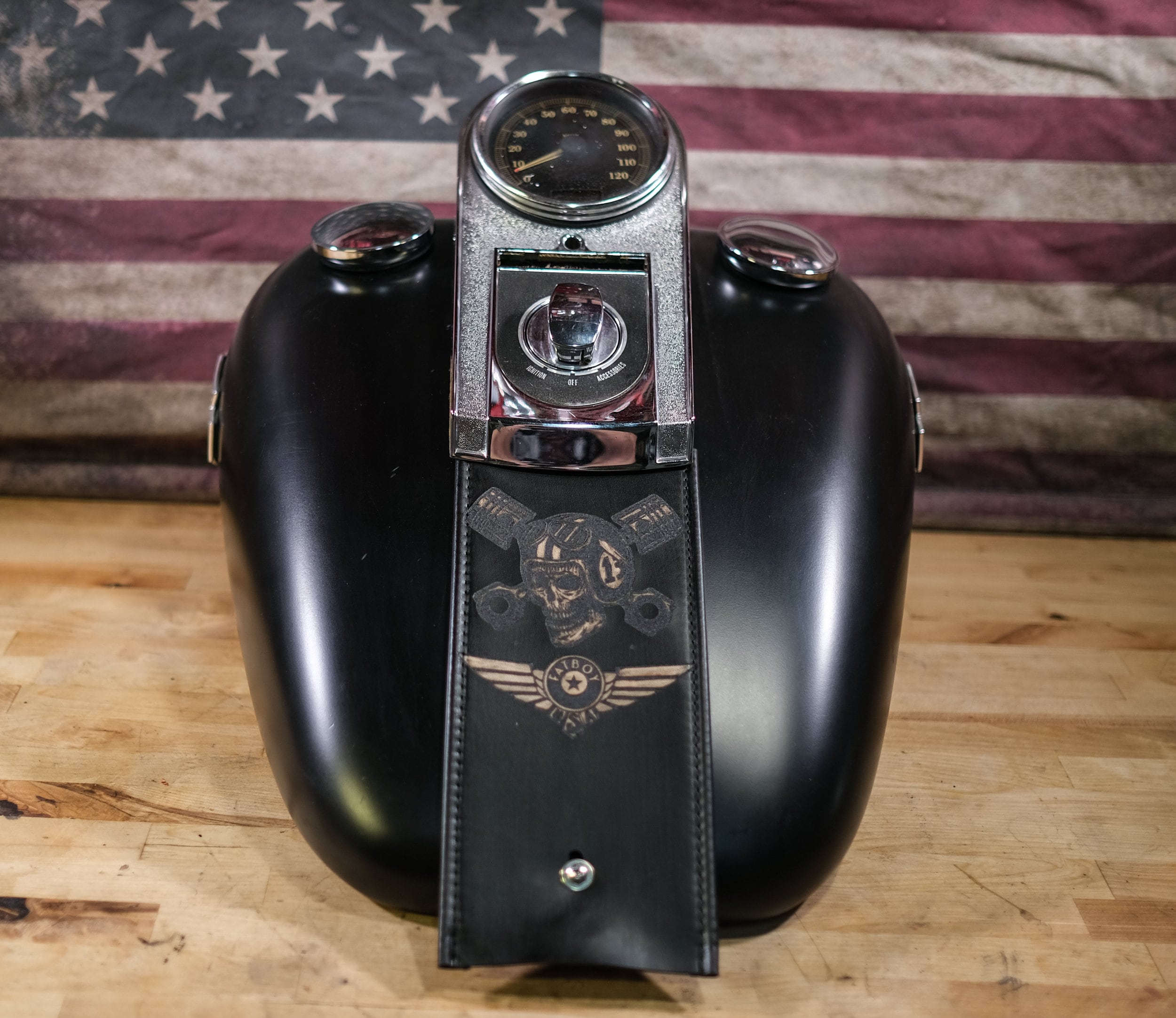 Retro Harley Davidson Fatboy Skull Antiqued Leather Gas Tank Bib