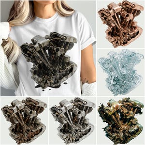 Puede incluir: Camiseta blanca con un gráfico detallado de un motor de motocicleta. El motor está representado en tonos plateados y negros, mostrando intrincados componentes mecánicos. Imágenes adicionales del motor en cobre y transparente.
