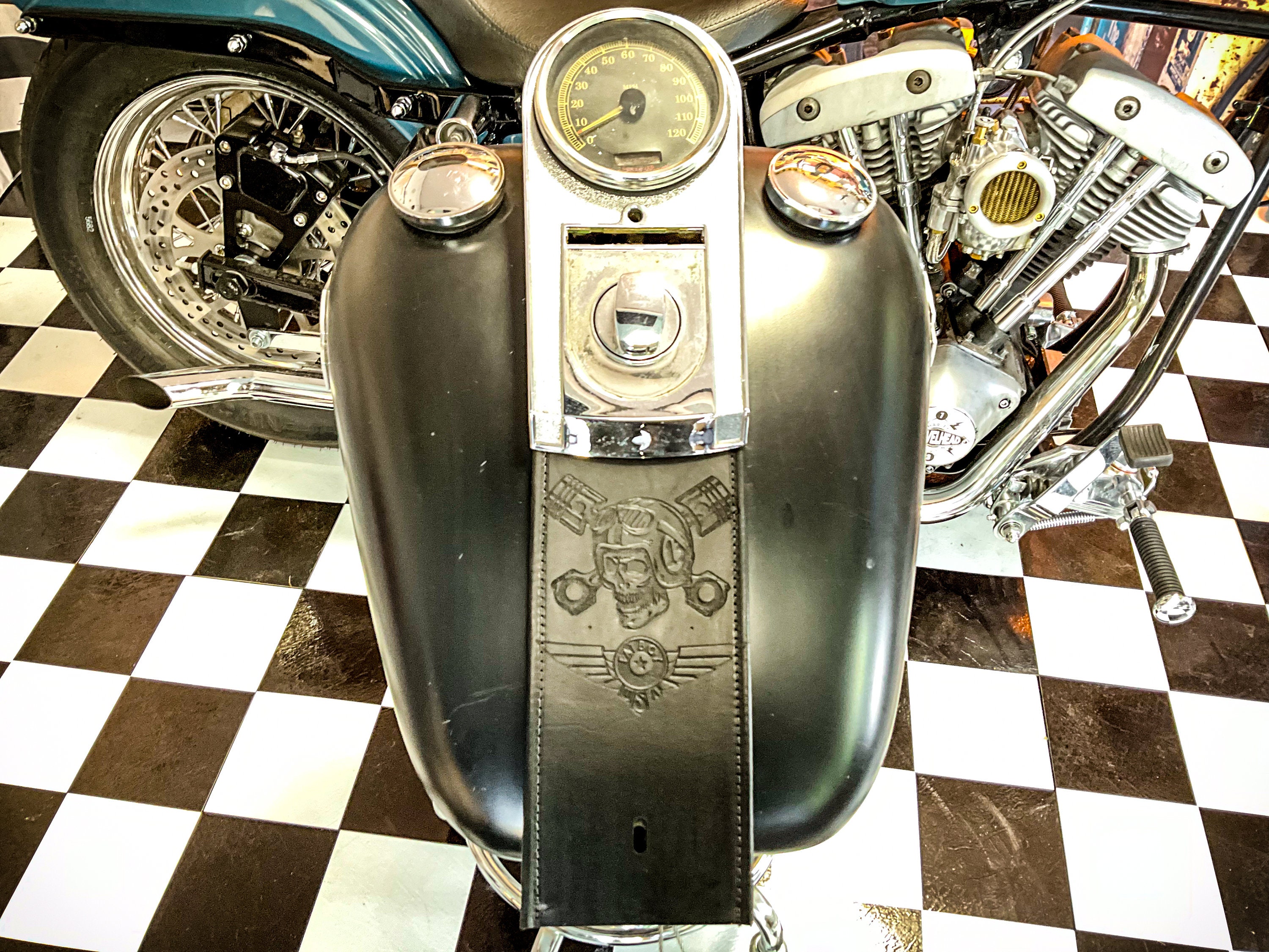 Retro Harley Davidson Fatboy Skull Black Leather Gas Tank Bib