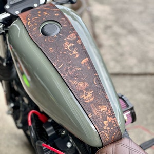 Brown Día de Muertos real Leather Harley Davidson Sportster 883 1200 Gas Tank Bib Felt Vicla Chicano