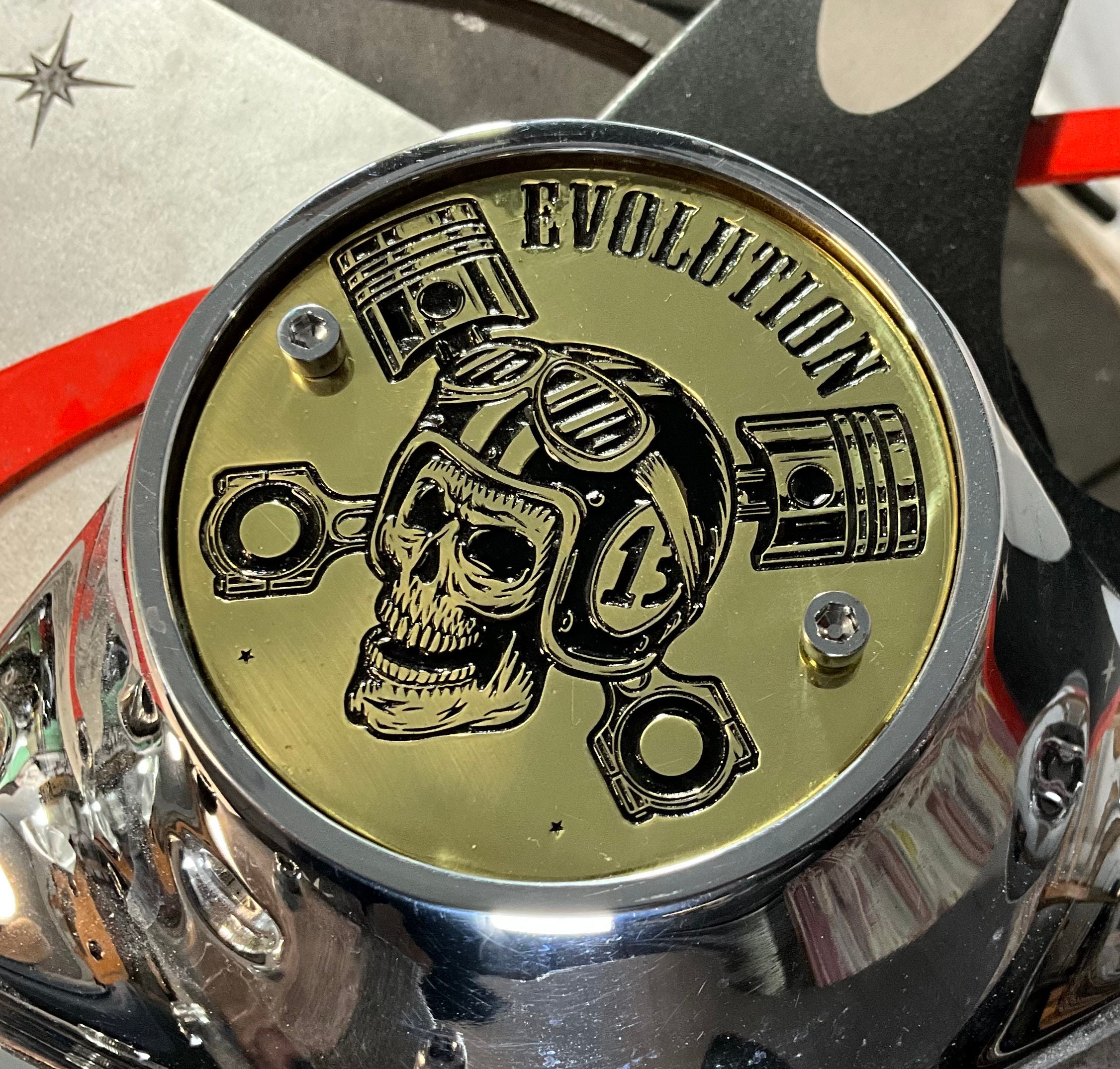 Skull & Pistons Evo Evolution Brass Points Timing Cover Harley