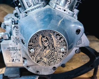 Engraved Holy Mother Santa Muerte Timing Cover Harley Davidson Shovelhead  Evo Big Twin