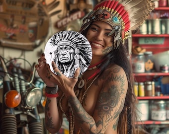 May include: A woman with a colorful headdress and tattoos holds a round white disc with a black and white illustration of a Native American man wearing a headdress. The woman is smiling and looking at the camera.