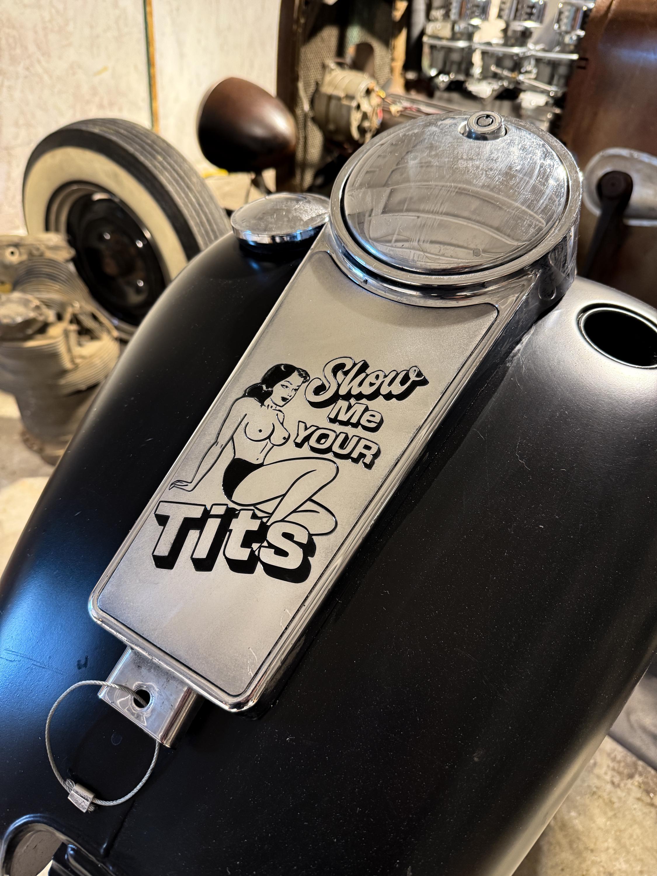 Show Me Your Tits Engraved Aluminum Gas Tank Insert Harley