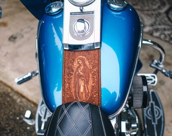 Holy Mother Engraved Tan Leather Gas Tank Panel fits Harley Davidson Softail 2000-2017