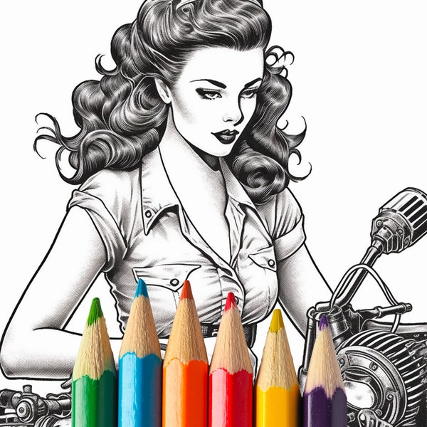 Retro Pinup Girl And Motorcycle Vol Seven, 10 Pages Fun Adult Coloring Book | Digital Coloring Pages Printable PDF Download