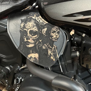 Indian Scout 2015-2024 Engraved Day of The Dead Sugar Skull Día de Muertos  Leather Heat Deflector Shield Motorcycle Crotch Cooler