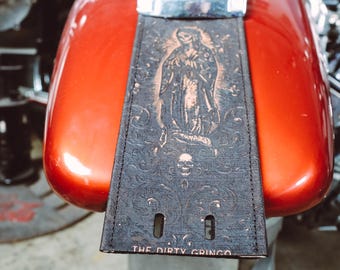 Day of Dead Holy Mother Leather Gas Tank Panel Black Tin Dash Split Tank Harley Davidson