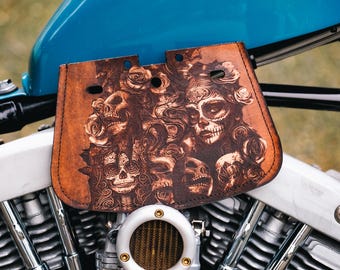 Medium Brown Día de Muertos Day of Dead Engraved Leather Rear Mud Flap Harley Davidson Motorcycle