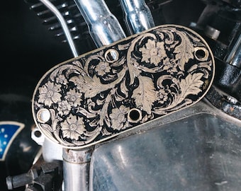 Solid Brass Harley Primary Inspection Cover black Engraved Scrollwork Shovelhead  Evo Big Twin
