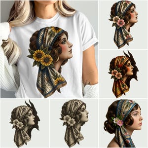 Puede incluir: Camiseta blanca con una ilustración vintage de una mujer con un pañuelo adornado con girasoles. El diseño presenta un retrato de perfil con detalles florales y una bufanda estampada.