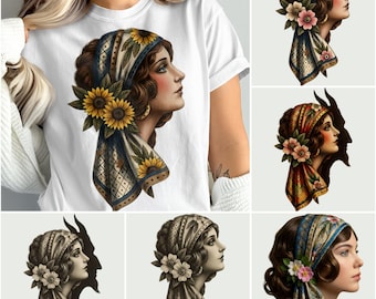 Gypsy Woman Png, Head Scarf Png, Sunflower Png, Art Deco Lady, Flower Png, Woman Portrait Png, Digital Bundle Png, Instant Download