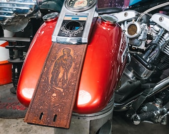 Tan Day of Dead Holy Mother Leather Gas Tank Panel Tin Dash Split Tank Harley Davidson