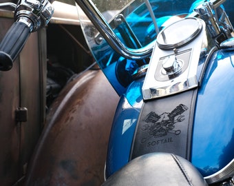 Harley Davidson Leather Fuel Gas Tank Panel Bib Skull Retro Softail V-Twin Custom