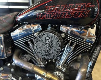 Santa Muerte Evo Sportster Big Twin Engraved Air Filter 5.5” Cleaner cover Harley Davidson