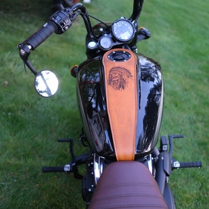 Custom Leather Indian Scout Bobber Motorcycle Gas Tank Bib Strap Tan Warrior War Chief