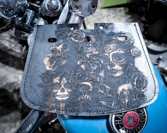 Día de Muertos Day of Dead Engraved Leather Rear Mud Flap Harley Davidson Motorcycle