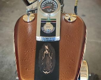 Harley Davidson Our Lady of Guadalupe Leather Gas Tank Panel Bib Vintage Tin Square Dash Split Tank Black