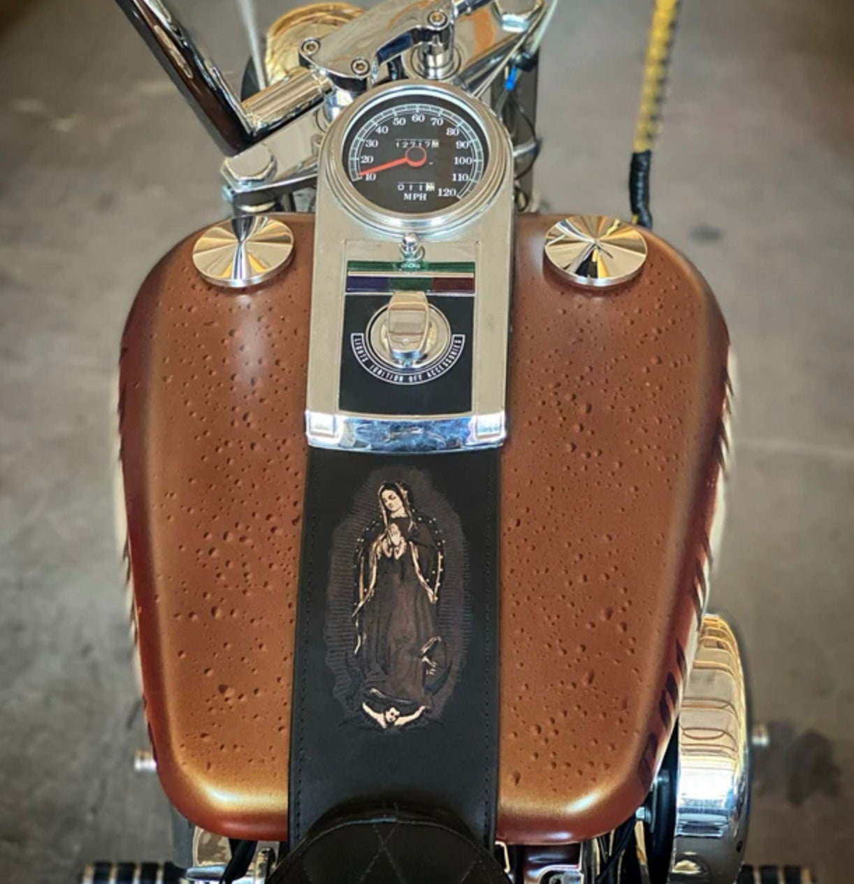 Harley Davidson Our Lady of Guadalupe Leather Gas Tank Panel Bib
