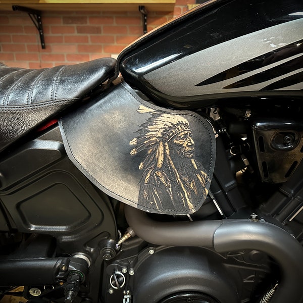 Indian Scout 2015-2024 Engraved Chief Black Leather Heat Deflector Shield Motorcycle Crotch Cooler