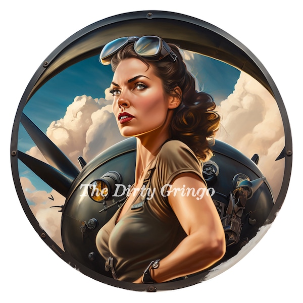 5 Pinup Style Women Retro WWII Bomber Aviation Digital PNG images 4500 x 5400 pixels Transparent backgrounds V2