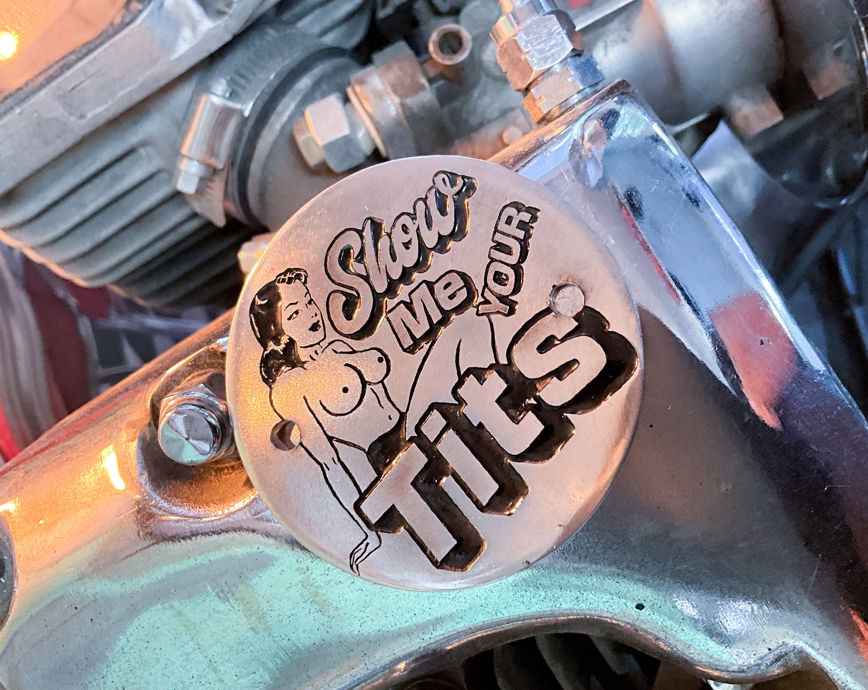 Show Me Your Tits Engraved Milwaukee 8 Timing Cover for Harley