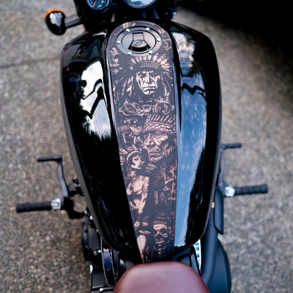 Black w Highlights Custom Leather Indian Scout Bobber Sixty Roque Twenty Motorcycle Gas Tank Bib Warrior Chief Tribute Engraved Awesome