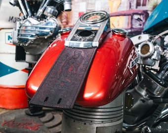 Burgundy Day of Dead Holy Mother Leather Gas Tank Panel Tin Dash Split Tank Harley Davidson