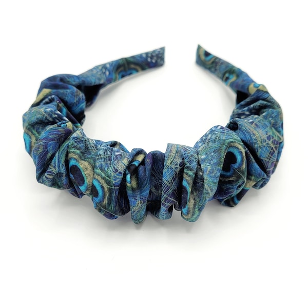 Liberty of London Scrunchie Headband, Peacock Manor Print Women's Hairband, Ruched Ruffled Statement Alice Band, Teal Green Blue