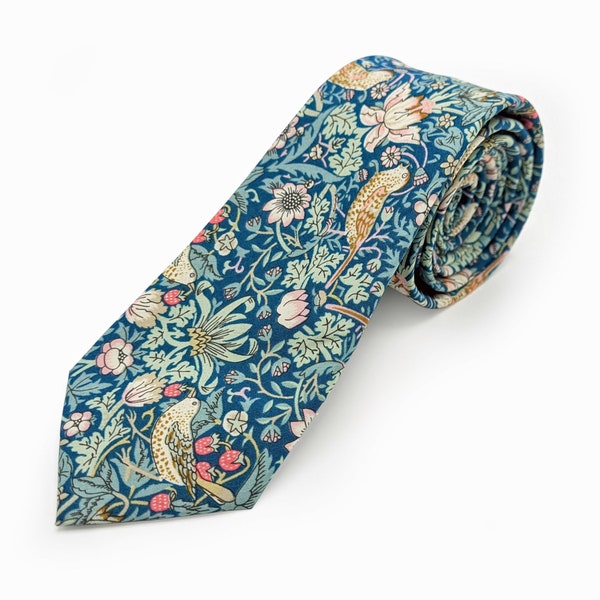 Floral Men's Tie, Liberty of London William Morris Strawberry Thief Print Necktie, Flower Bird Wedding Neckwear